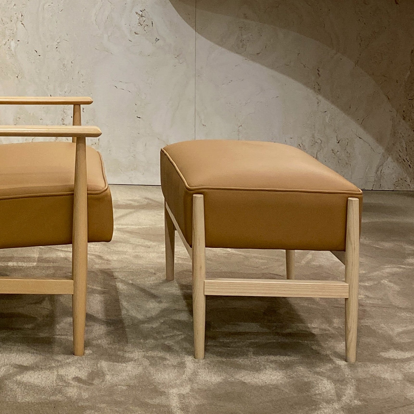 Beige Leather and Ash Footstool | Gaia