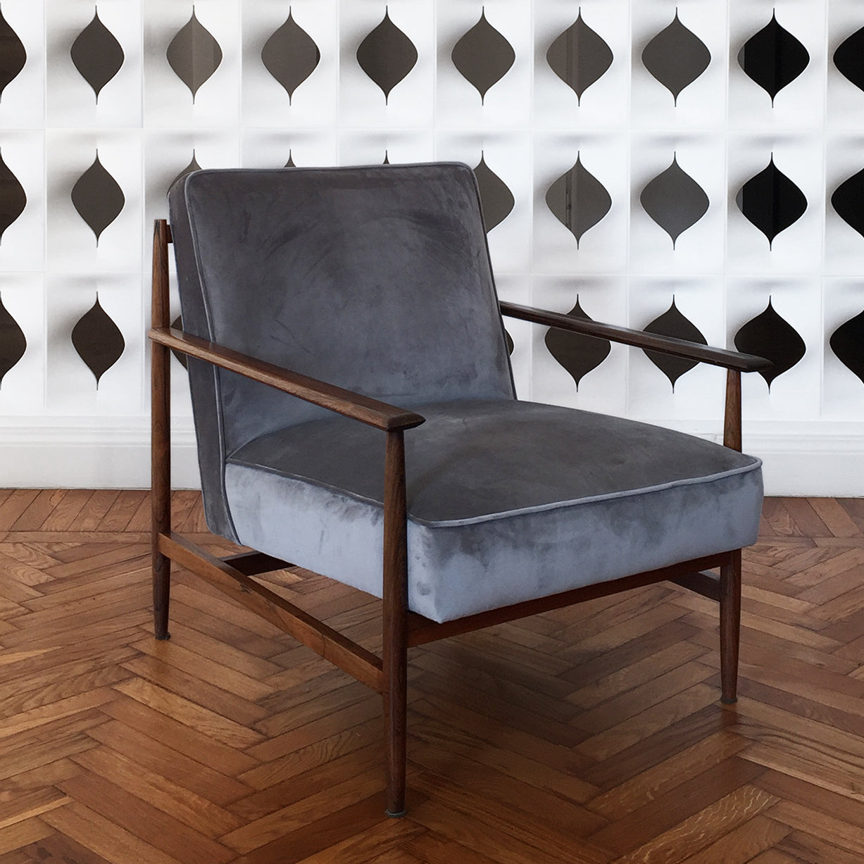 Grey Velvet and Walnut Armchair | Gaia